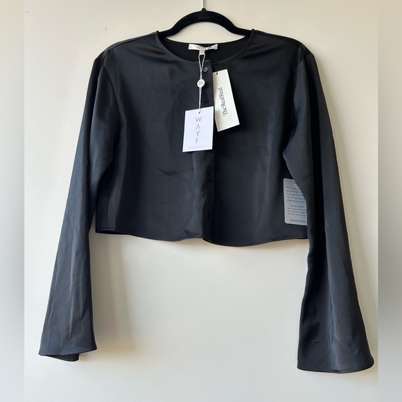 WAYF Black Long Sleeve Button Up Crop Top Blouse Flared Bell Sleeve XS NWTS - Picture 6 of 11